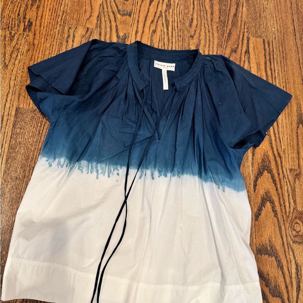 Apiece Apart Navy and White Dip-Dye Short Sleeve Blouse